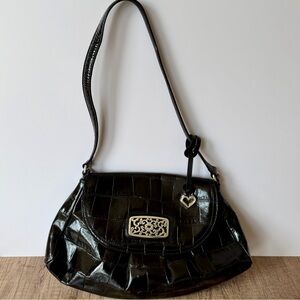 Authentic Brighton Black Croc Embossed Leather Shoulder Bag Silver Hardware